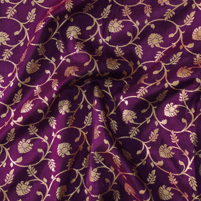 Heavy Dola Silk  Purple With Light Golden Flower Jaal Hand Woven Fabric