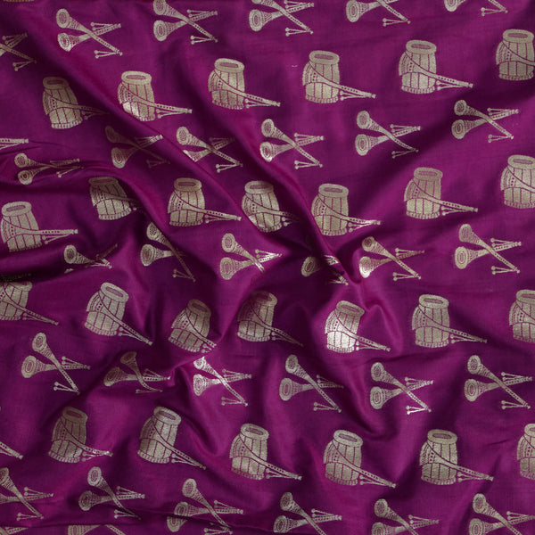 ( Pre-Cut 1.60 Meter  ) Brocade Purple With Silver Instrument Design Hand Woven Fabric