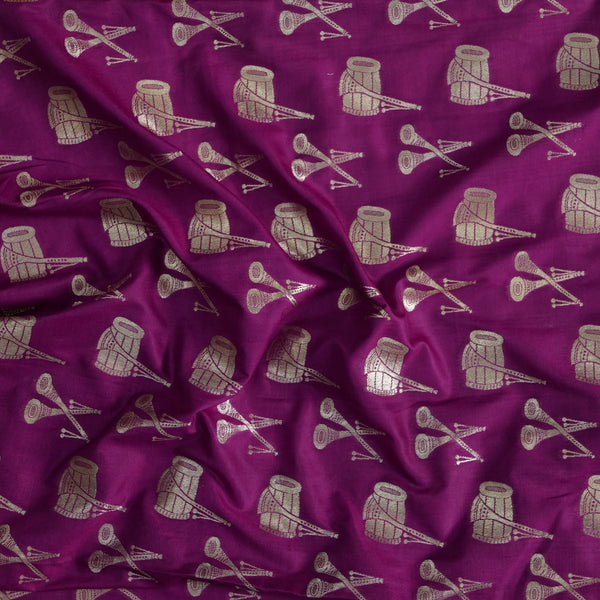 ( Pre-Cut 1.60 Meter  ) Brocade Purple With Silver Instrument Design Hand Woven Fabric