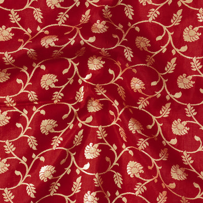 Heavy Dola Silk Red With Light Golden Flower Jaal Hand Woven Fabric