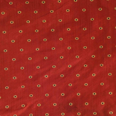 ( Pre-Cut 1 Meter ) Brocade Rust Red With Golden Zari And Blue Polka Dots Hand Woven Fabric