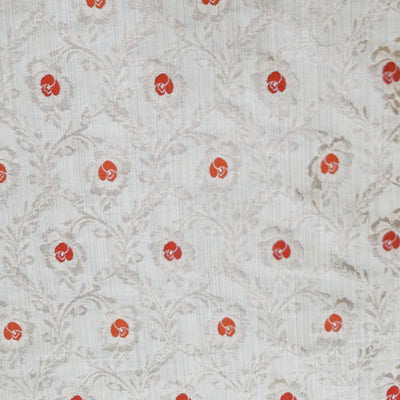 ( Pre-Cut 1.40 Meter ) Brocade White With Orange Flower Hand Woven Fabric
