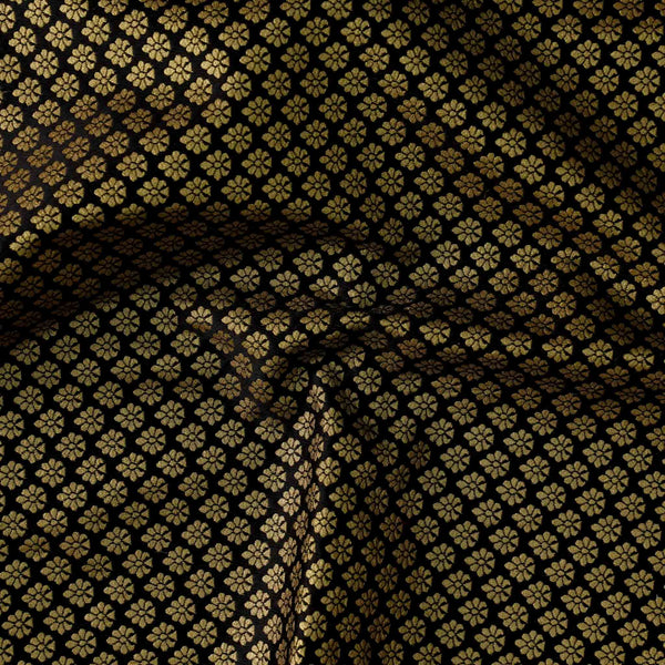 ( Pre-Cut 1 Meter ) Brocade With Black With Golden Zari Hand Woven Fabric