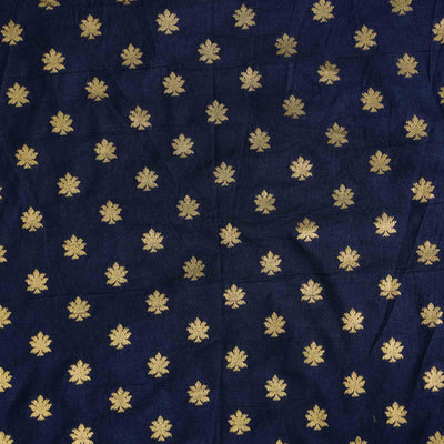 Brocade With Navy Blue And Golden Zari Leaves Hand Woven Fabric