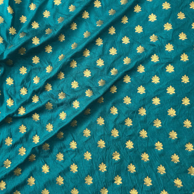 Brocade With Teal Green With Golden Flower Motif Hand Woven Fabric