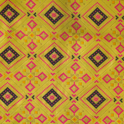 Brocade Yellow With Pink And Navy Blue Intricate Design Hand Woven Fabric