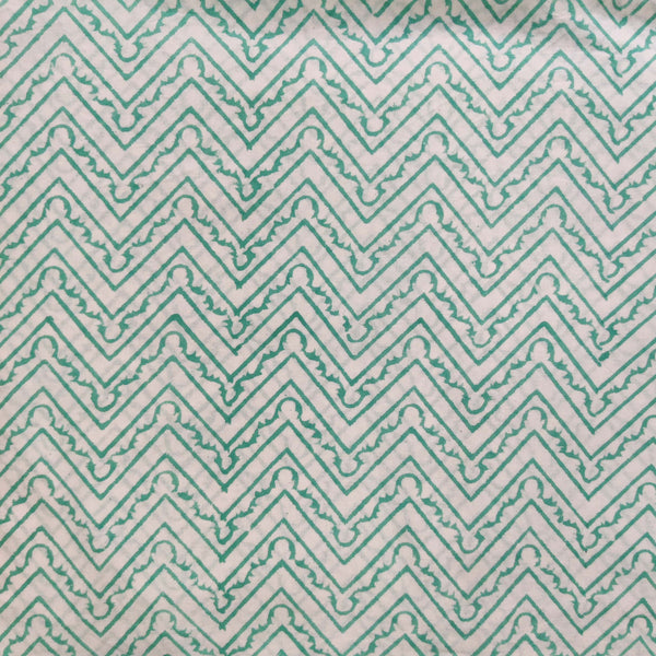 ( Pre-Cut 1.70 Meter ) Pure Cotton Jaipuri Shades Of Green Outlined Zig Zag Hand Block Print Fabric