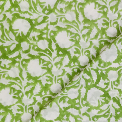 Pure Cotton Jaipuri Green With White Flower Jaal Hand Block Print Fabric