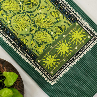 EKTA-Pure Cotton Handloom Dark Green With Light Green Emboriderey Yoke Pre-Design Unstitched Kurta Fabric