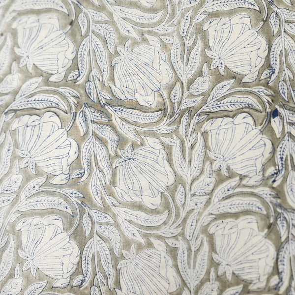 ( Pre-Cut 1.40 Meter ) Pure Cotton Jaipuri Grey With White Jungle Flower Jaal Hand Block Print Fabric