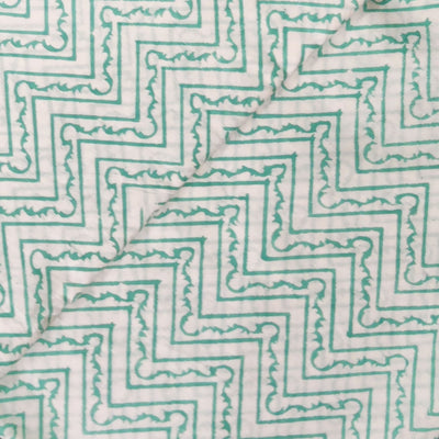 ( Pre-Cut 1.70 Meter ) Pure Cotton Jaipuri Shades Of Green Outlined Zig Zag Hand Block Print Fabric