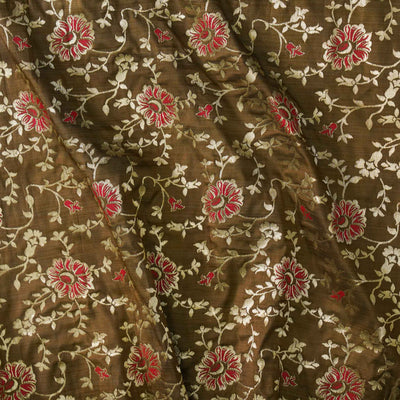 ( Pre-Cut 2.37 Meter ) Brocade Rustic Brown With Woven Red Foral Jaal