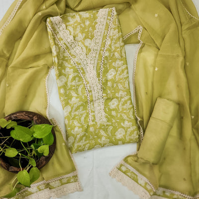 CHAAYA-Muslin Light Green With Emboriderey Yoke Top Rayon Plain Bottom And Chiffion Dupatta Suit
