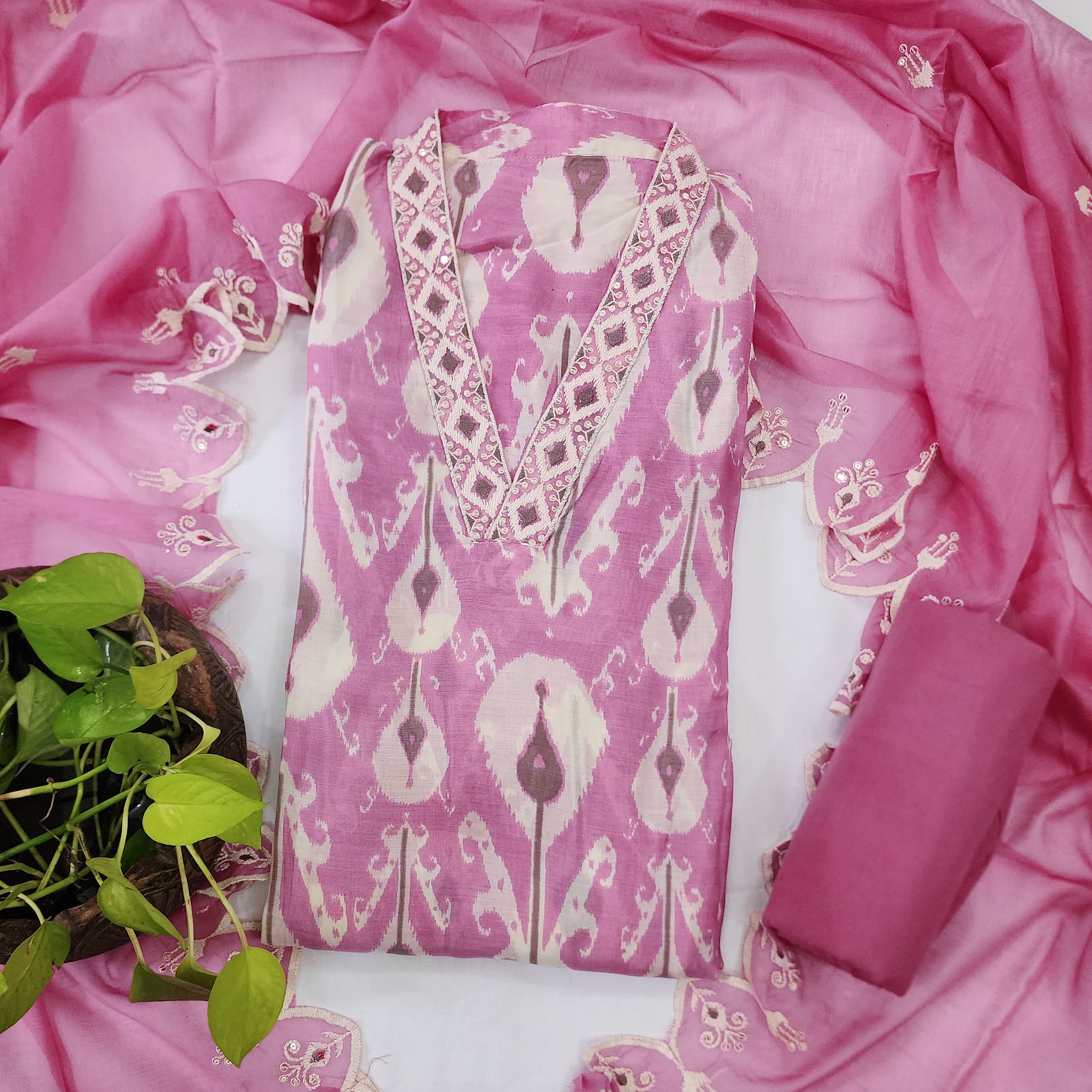CHHAYA-Muslin Pink With White And V Neck Design Top And Plain Bottom A ...