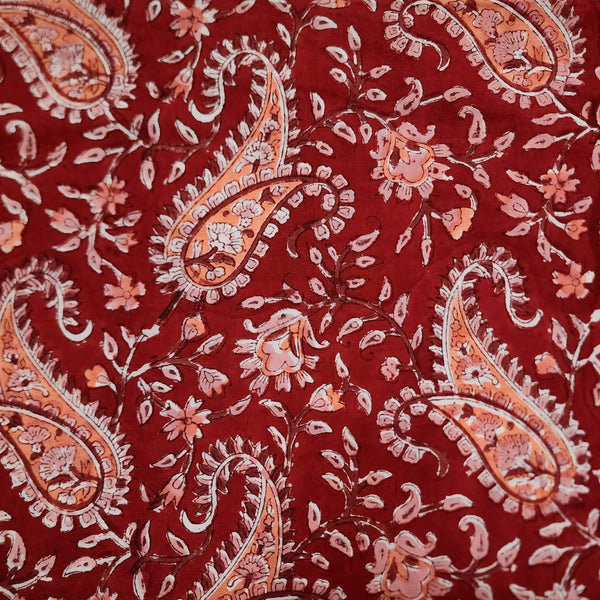 (Blouse Piece 0.80cm)Pure Cotton Jaipuri Red With Light Orange Mehndi Design Kairi Hand Block Print Fabric