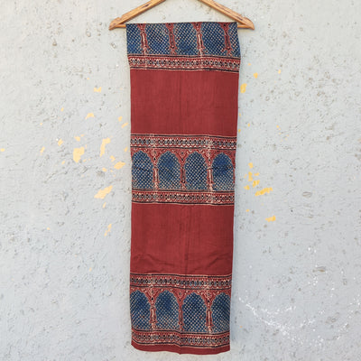 Chanderi Silk Rust Maroon With Rust Blue Border Hand Block Print Fabric