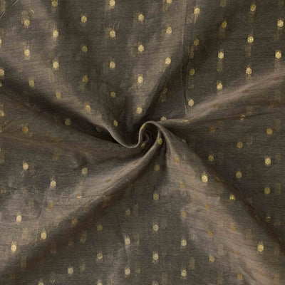 ( Pre-Cut 1 Meter ) Chandari Grey Brown With Golden Zari Dots Hand Woven Fabric
