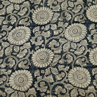 Chanderi Kalamkari Rust Blue With White Big Flower Jaal Hand Block Print Fabric