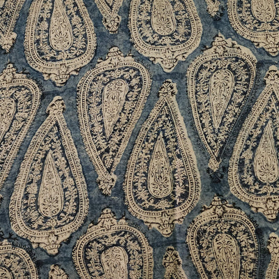 Chanderi Kalamkari Rust Blue With White Wild Leaves Motif Hand Block Print Fabric