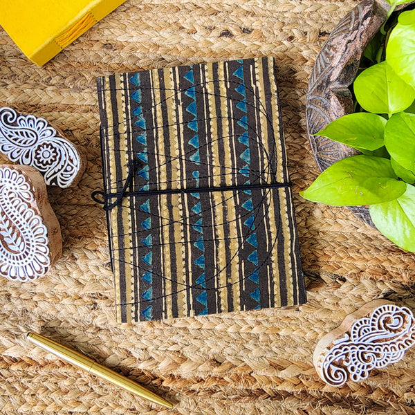 Handmade Upcycled AJrak Brown Mustard Intricate Stripes Bahi Diary A5