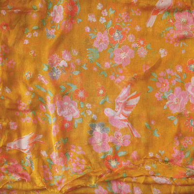 Chiffon  Orange With Pink Flower Jaal Fabric