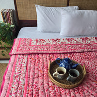 Cotton Candy Clouds -Pure Mul Cotton Hand Block Printed Reversible Razai Quilt Blanket With Cotton Filling