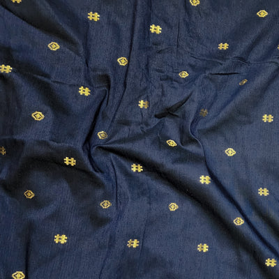 Cotton Silk Dark Navy Blue With Golden Zari Design Hand Woven Fabric
