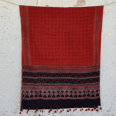 DHRITHI - Pure Cotton Vegetable Dyed Hand Block Printed Dupatta Dot Flower Rust And Black