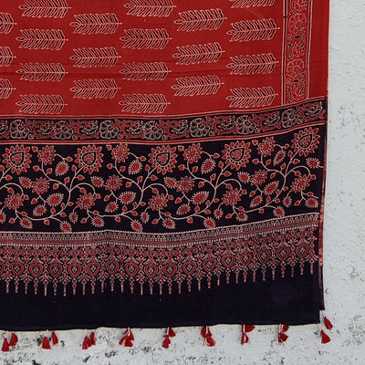 DHRITHI - Pure Cotton Vegetable Dyed Hand Block Printed Dupatta Leafy Fern Rust And Black