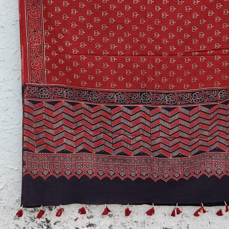 DHRITHI - Pure Cotton Vegetable Dyed Hand Block Printed Dupatta Lotus Rust And Black