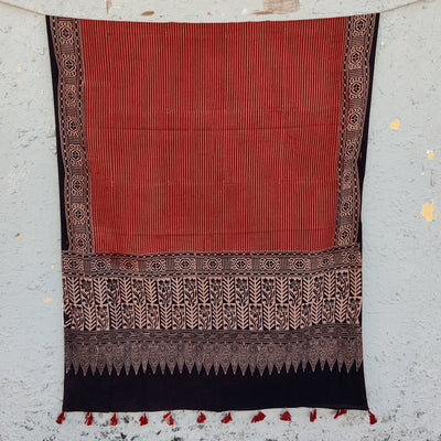 DHRITHI - Pure Cotton Vegetable Dyed Hand Block Printed Dupatta Stripes Rust And Black