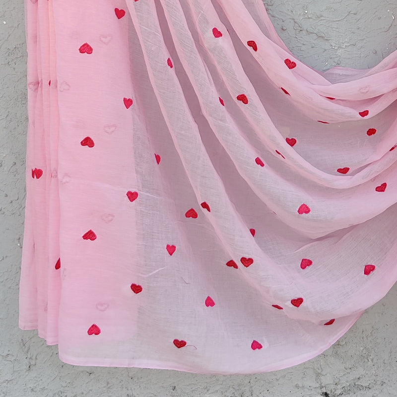 DILRUBA-Mul Cotton Light Pink With Dark Pink  Hearts Saree