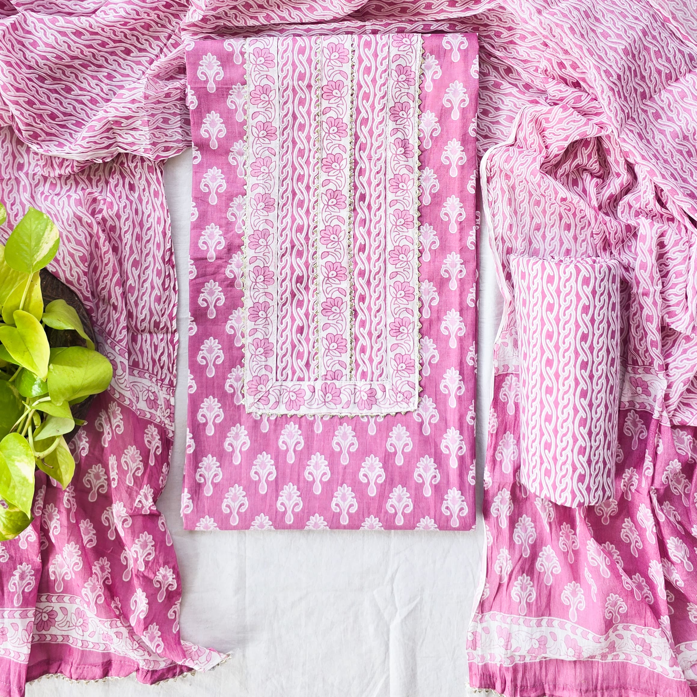 DIYA - Pure Cotton Pink With Flower Lace nack Design – Sanskruti
