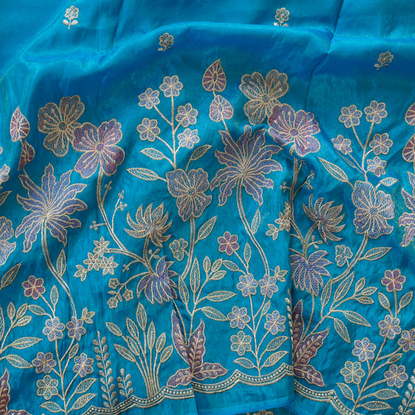 Tissue Blue With Flower Jaal Embroided Fabric
