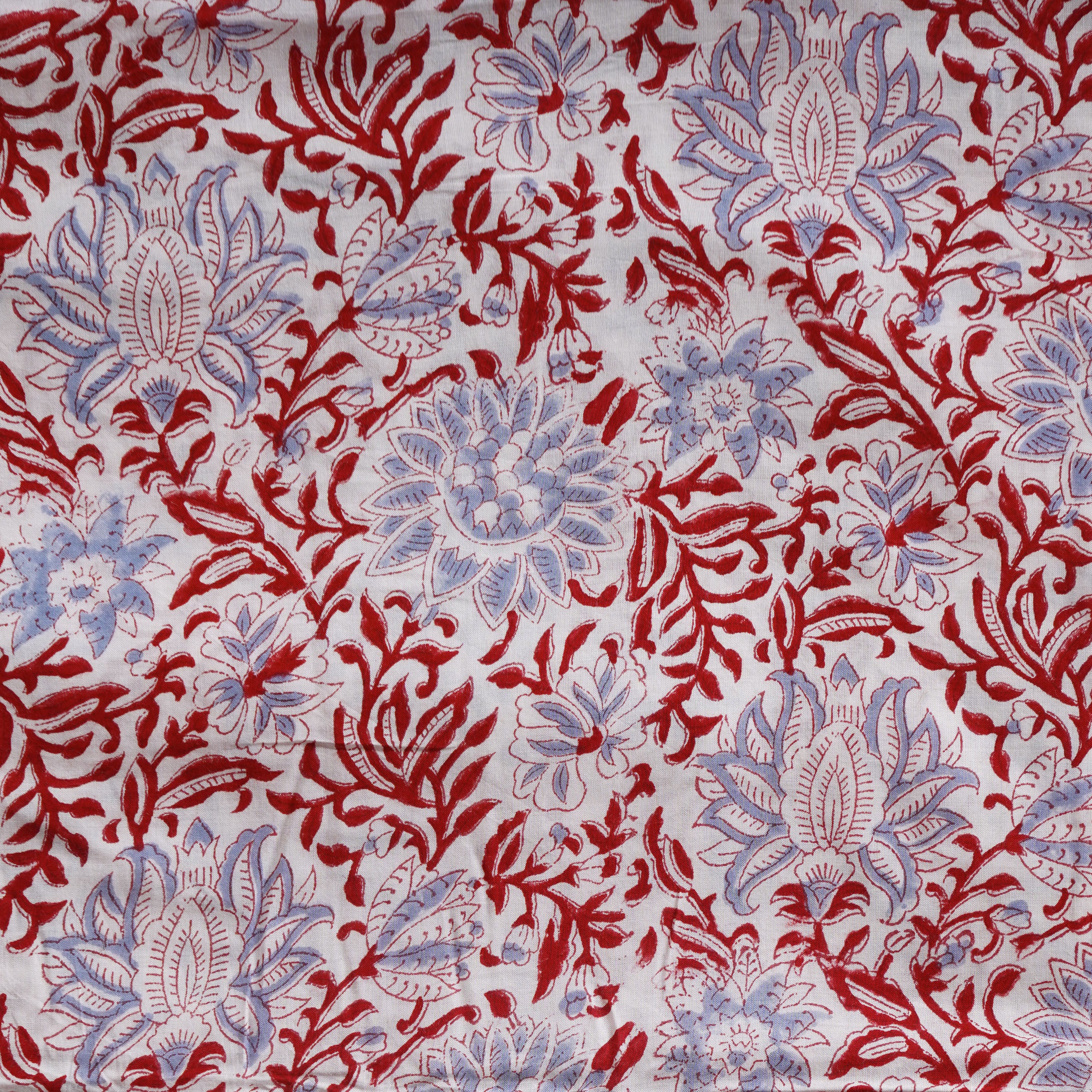 Modal Cotton Jaipuri White With Red And powder blue Flower Jaal Hand B ...