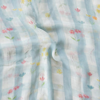 Pure Chiffon Light Blue And White Checks With Flower Motif Fabric