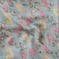 Pure Chiffon Greyish Blue With Yellow Flying Bird And Pink Flower Fabric