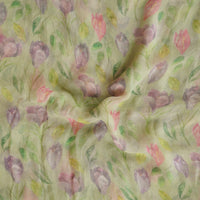 Pure Chiffon Pista Green With Pink And Purple Blossoming Flower Petals Fabric