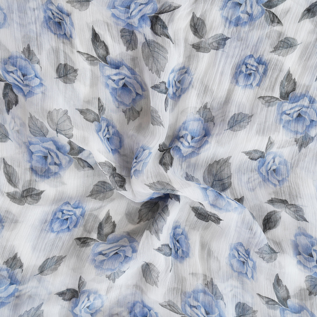 Pure Chiffon White With Blue Roses Fabric – Sanskruti