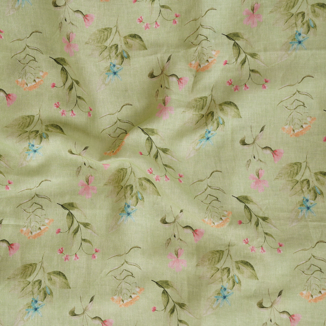 (Width 60 Inches) 100% Pure Premium Linen Green With Flower Plants Fab ...