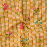 Malai Flowy Floral Dark Yellow With  Double Stripes Checks With Flower Motif Digital Print Fabric
