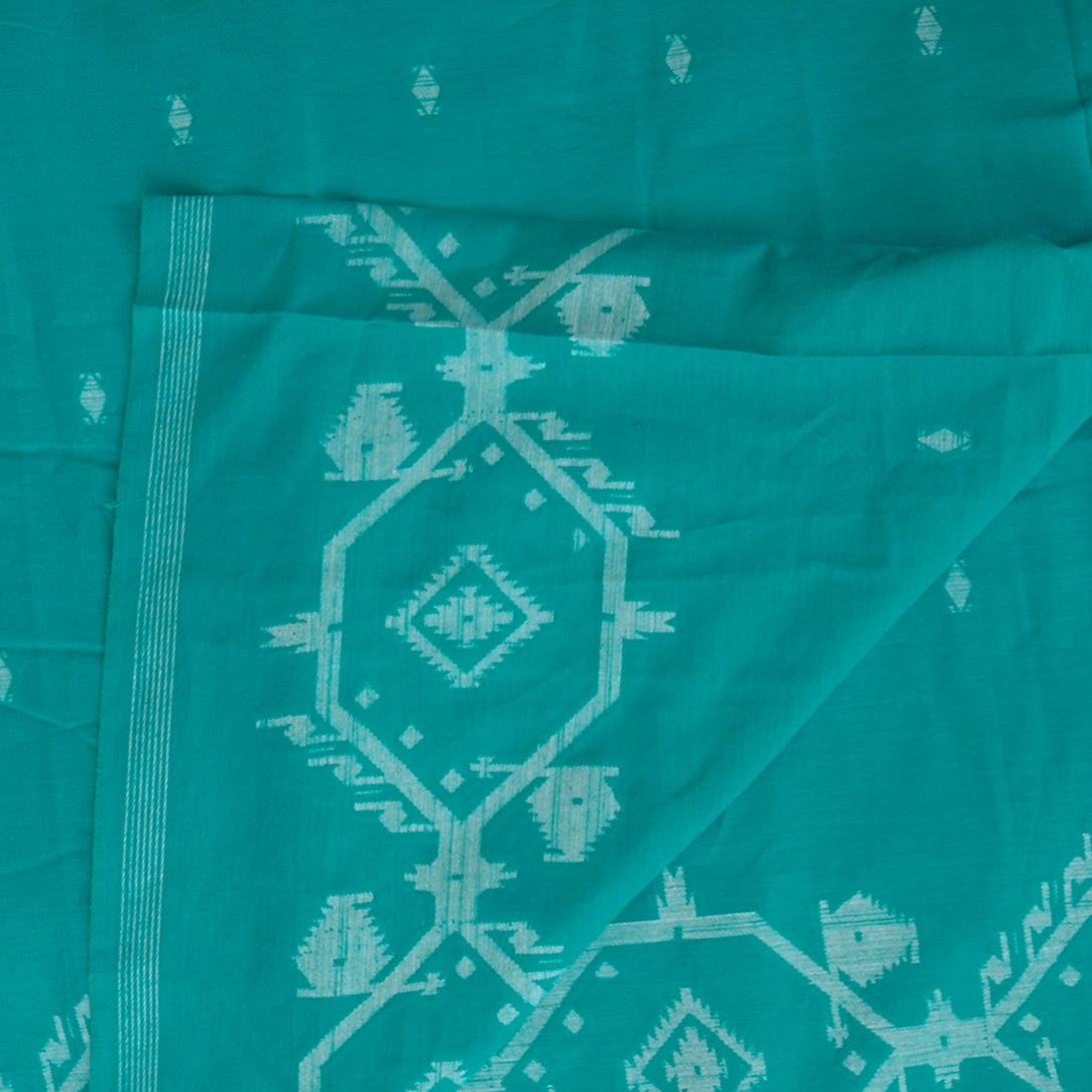 Pure Cotton Handloom Jamdani Dark Cyan With Border Design And Motif Wo ...