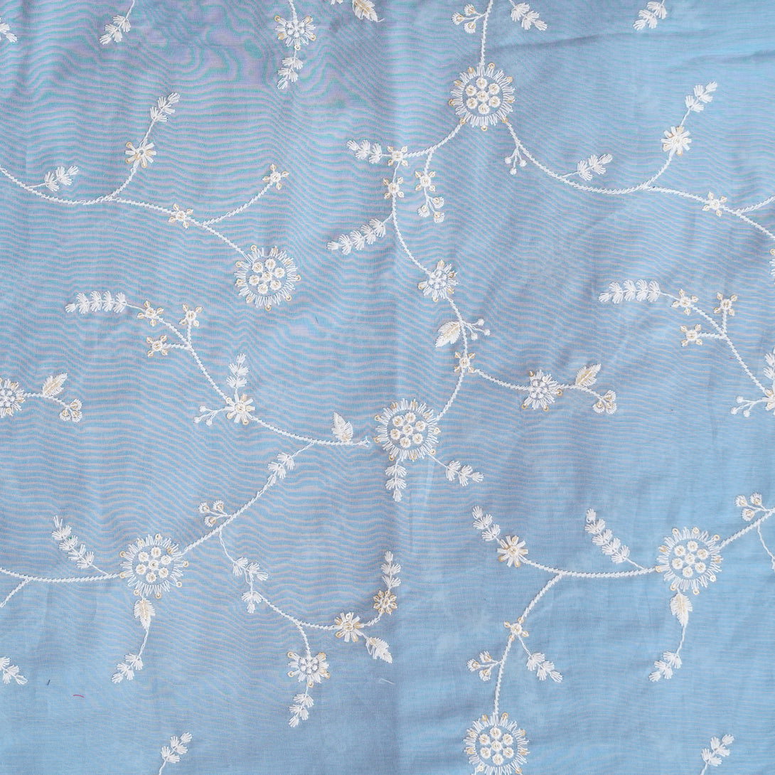 Pure Cotton Pastel Blue And White Flower Jaal With Gold Sequence Embro ...