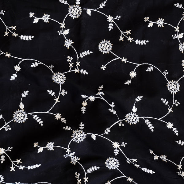 Pure Cotton Black And White Flower Jaal With Gold Sequence Embroidery Fabric