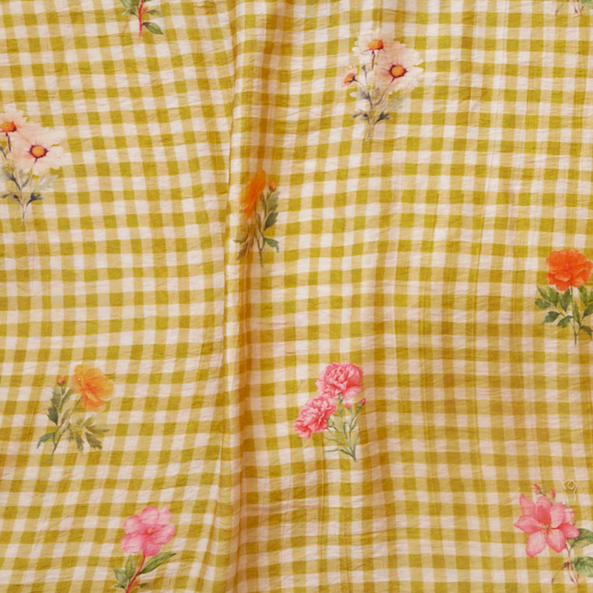 Mogra Yellow Checks With Flower Motif Printed Fabric – Sanskruti