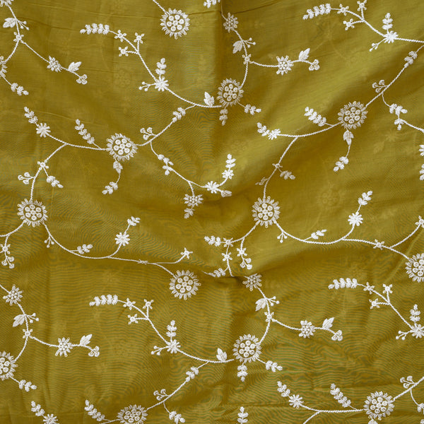 Pure Cotton Mehndi Green And White Flower Jaal With Gold Sequence Embroidery Fabric