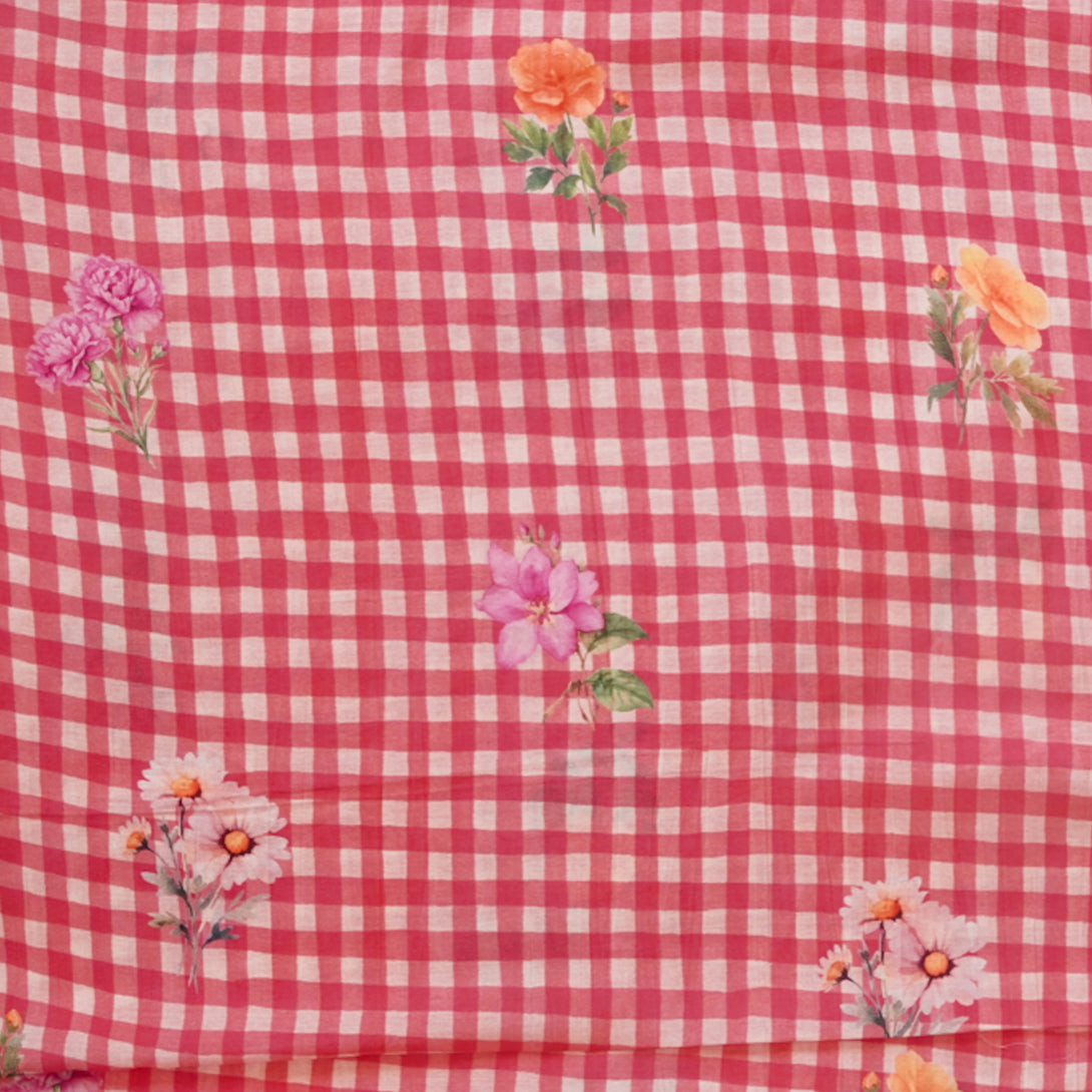 Mogra Peach Checks With Flower Motif Printed Fabric – Sanskruti