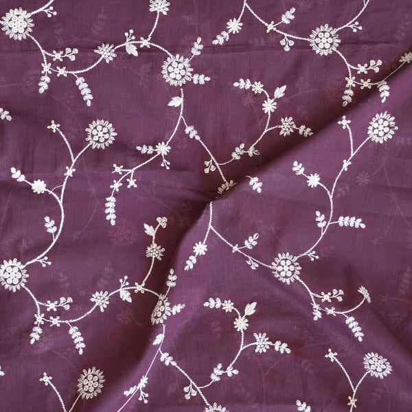 Pure Cotton Old Mauve And White Flower Jaal With Gold Sequence Embroidery Fabric