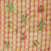 Malai Digital Print Yellowish Cream With Double Stripes Checks And Flower Motif Fabric