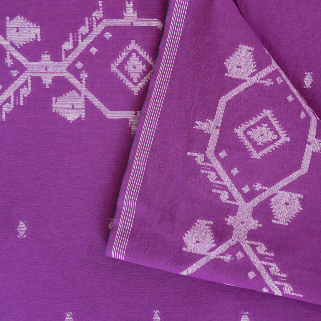 (Pre-Cut 0.85meter) Pure Cotton Handloom Jamdani Purple with Off White ...
